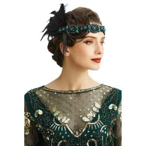 imageBABEYOND 1920s Flapper Headband Roaring 20s Gatsby Headpiece Black Feather Headband 1920s Flapper Hair Accessories GoldDark Green