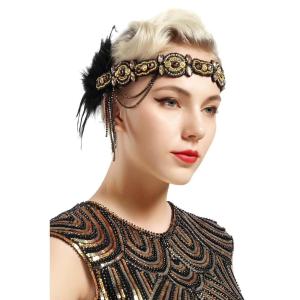 imageBABEYOND 1920s Flapper Headband Roaring 20s Gatsby Headpiece Black Feather Headband 1920s Flapper Hair Accessories GoldGold