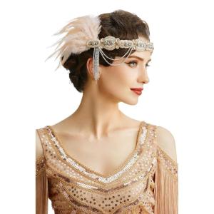 imageBABEYOND 1920s Flapper Headband Roaring 20s Gatsby Headpiece Black Feather Headband 1920s Flapper Hair Accessories GoldNude Pink