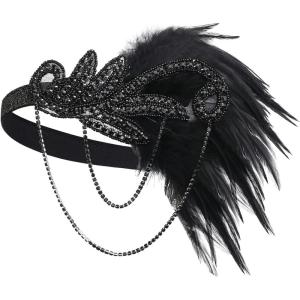 imageBABEYOND 1920s Flapper Headband Roaring 20s Great Gatsby Feather HeadpieceBlack Crystal
