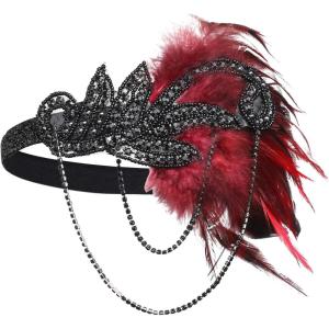 imageBABEYOND 1920s Flapper Headband Roaring 20s Great Gatsby Feather HeadpieceBlack and Red