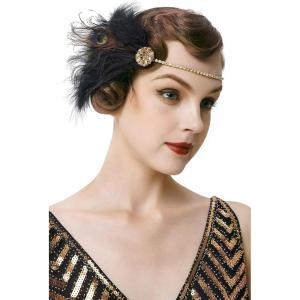 imageBABEYOND 1920s Flapper Headband Roaring 20s Headpiece Gatsby Ostrich Feather Headpiece with Crystal WomenAgold
