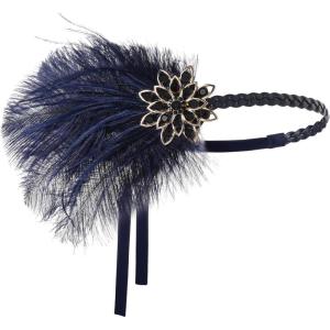 imageBABEYOND 1920s Flapper Headband Roaring 20s Headpiece Gatsby Ostrich Feather Headpiece with CrystalNavy Blue