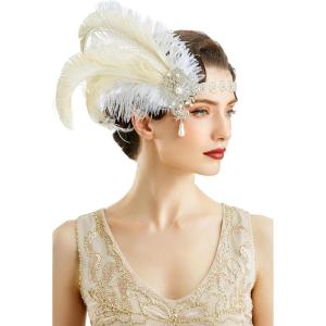 imageBABEYOND 1920s Flapper Headband Vintage Wedding Feather Headpiece 20s Great Gatsby Hair Accessories with PearlWhite