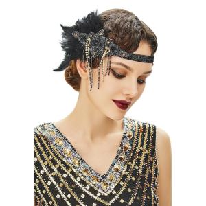 imageBABEYOND 1920s Flapper Headpiece 20s Gatsby Black Feather Headband Roaring 20s Hair Accessories with Crystal Beads Black GoldBlack Gold