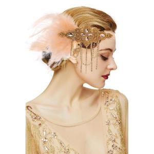 imageBABEYOND 1920s Flapper Headpiece 20s Gatsby Black Feather Headband Roaring 20s Hair Accessories with Crystal Beads Black GoldChampagne