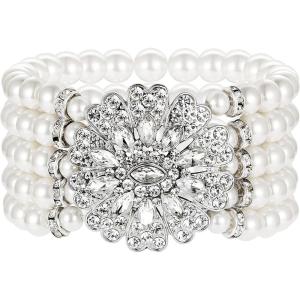 imageBABEYOND 1920s Flapper Imitation Pearl Bracelet Great Gatsby Elastic Pearl Bracelet Roaring 20s Accessories Jewelry 5 RowsStyle 5Silver