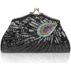 imageBABEYOND 1920s Flapper Peacock Clutch  Gatsby Sequined Evening Handbag Beaded Bag for Prom Cocktail PartyBlack