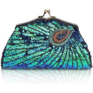 imageBABEYOND 1920s Flapper Peacock Clutch  Gatsby Sequined Evening Handbag Beaded Bag for Prom Cocktail PartyGreen