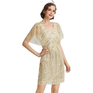 imageBABEYOND 1920s Flapper Sequin Beaded Dress Deep V Neck Roaring 20s Great Gatsby DressApricot