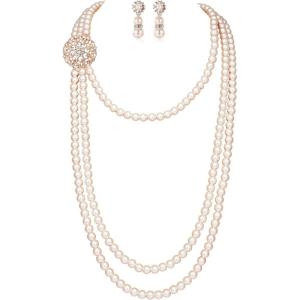 imageBABEYOND 1920s Gatsby Pearl Necklace Vintage Bridal Pearl Necklace Earrings Jewelry Set Multilayer Imitation Pearl Necklace with BroochStyle 1Rose Gold