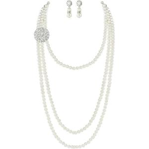 imageBABEYOND 1920s Gatsby Pearl Necklace Vintage Bridal Pearl Necklace Earrings Jewelry Set Multilayer Imitation Pearl Necklace with BroochStyle 1White