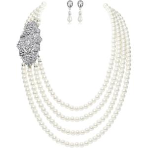 imageBABEYOND 1920s Gatsby Pearl Necklace Vintage Bridal Pearl Necklace Earrings Jewelry Set Multilayer Imitation Pearl Necklace with BroochStyle 2
