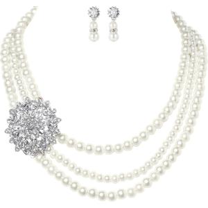 imageBABEYOND 1920s Gatsby Pearl Necklace Vintage Bridal Pearl Necklace Earrings Jewelry Set Multilayer Imitation Pearl Necklace with BroochStyle 3