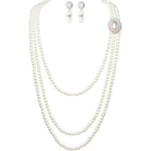 imageBABEYOND 1920s Gatsby Pearl Necklace Vintage Bridal Pearl Necklace Earrings Jewelry Set Multilayer Imitation Pearl Necklace with BroochStyle 3White