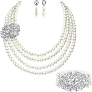 imageBABEYOND 1920s Gatsby Pearl Necklace Vintage Bridal Pearl Necklace Earrings Jewelry Set Multilayer Imitation Pearl Necklace with BroochStyle 4Silver