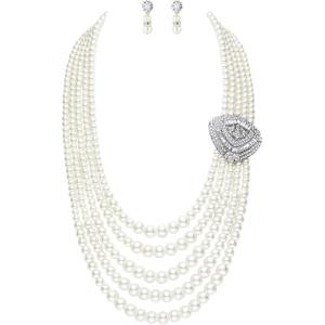 imageBABEYOND 1920s Gatsby Pearl Necklace Vintage Bridal Pearl Necklace Earrings Jewelry Set Multilayer Imitation Pearl Necklace with BroochStyle 5