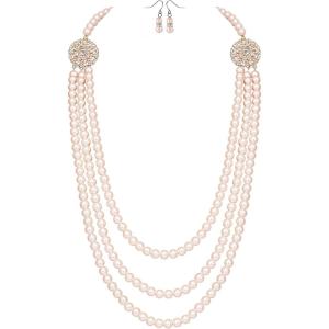 imageBABEYOND 1920s Gatsby Pearl Necklace Vintage Bridal Pearl Necklace Earrings Jewelry Set Multilayer Imitation Pearl Necklace with BroochStyle2Rose Gold