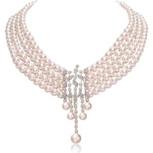 imageBABEYOND 1920s Gatsby Pearl Necklace Vintage Bridal Pearl Necklace Earrings Jewelry Set Multilayer Imitation Pearl Necklace with BroochStyle8Rose Gold