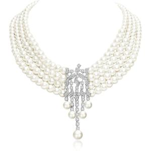 imageBABEYOND 1920s Gatsby Pearl Necklace Vintage Bridal Pearl Necklace Earrings Jewelry Set Multilayer Imitation Pearl Necklace with BroochStyle8White