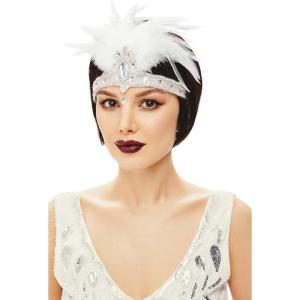 imageBABEYOND 1920s Headpiece Flapper Headband  Roaring 20s Crystal Showgirl Hair Band Gatsby Headband with FeatherWhite