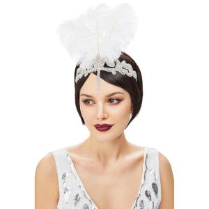 imageBABEYOND 1920s Headpiece Flapper Headband  Roaring 20s Crystal Showgirl Hair Band Great Gatsby Headband with FeatherWhite