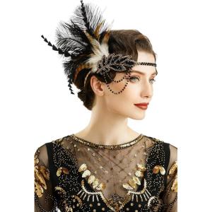imageBABEYOND 1920s Headpiece Flapper Headband  Roaring 20s Sequined Showgirl Hair Band with FeatherBlack
