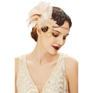 imageBABEYOND 1920s Headpiece Flapper Headband  Roaring 20s Sequined Showgirl Hair Band with FeatherChampagne