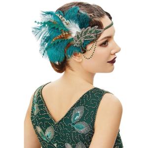 imageBABEYOND 1920s Headpiece Flapper Headband  Roaring 20s Sequined Showgirl Hair Band with FeatherDark Green