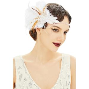 imageBABEYOND 1920s Headpiece Flapper Headband  Roaring 20s Sequined Showgirl Hair Band with FeatherWhite