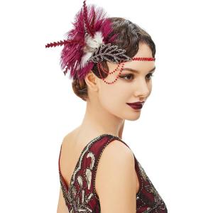 imageBABEYOND 1920s Headpiece Flapper Headband  Roaring 20s Sequined Showgirl Hair Band with FeatherWine Red