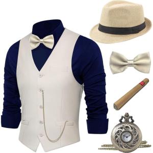 imageBABEYOND 1920s Mens Costume Gatsby Gangster Costume Accessories Set For Men Vintage Vest Bowtie Pocket Watch ArmbandsBeige