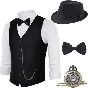 imageBABEYOND 1920s Mens Costume Gatsby Gangster Costume Accessories Set For Men Vintage Vest Bowtie Pocket Watch ArmbandsBlack