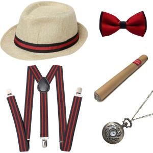 imageBABEYOND 1920s Mens Gatsby Gangster Accessories Set Panama Hat Suspender Bow TieBeige Red Set