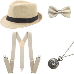 imageBABEYOND 1920s Mens Gatsby Gangster Accessories Set Panama Hat Suspender Bow TieBeige Set
