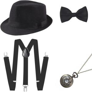 imageBABEYOND 1920s Mens Gatsby Gangster Accessories Set Panama Hat Suspender Bow TieBlack Set