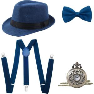 imageBABEYOND 1920s Mens Gatsby Gangster Accessories Set Panama Hat Suspender Bow TieBlue Set