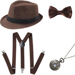 imageBABEYOND 1920s Mens Gatsby Gangster Accessories Set Panama Hat Suspender Bow TieBrown Set