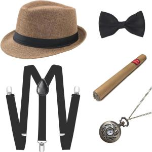 imageBABEYOND 1920s Mens Gatsby Gangster Accessories Set Panama Hat Suspender Bow TieCamel Set