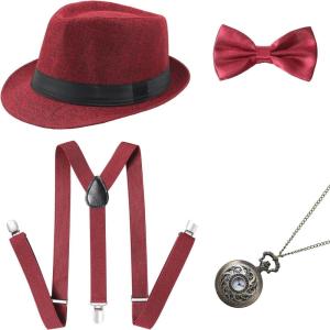 imageBABEYOND 1920s Mens Gatsby Gangster Accessories Set Panama Hat Suspender Bow TieRed Set