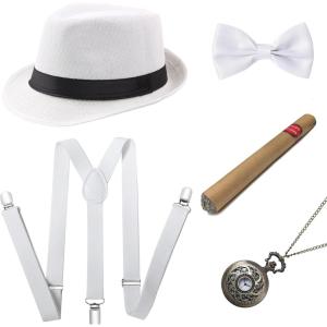imageBABEYOND 1920s Mens Gatsby Gangster Accessories Set Panama Hat Suspender Bow TieWhite Set