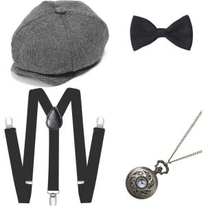 imageBABEYOND 1920s Mens Gatsby Gangster Costume Accessories Set 30s Manhattan Fedora Hat Bow Tie SuspendersSet10