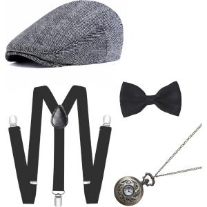 imageBABEYOND 1920s Mens Gatsby Gangster Costume Accessories Set 30s Manhattan Fedora Hat Bow Tie SuspendersSet12