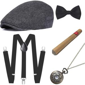 imageBABEYOND 1920s Mens Gatsby Gangster Costume Accessories Set 30s Manhattan Fedora Hat Bow Tie SuspendersSet2