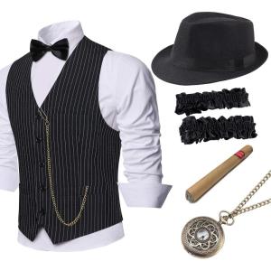 imageBABEYOND 1920s Mens Gatsby Gangster Vest Armbands 20s Gatsby Costume Accessories SetBlack Stripe