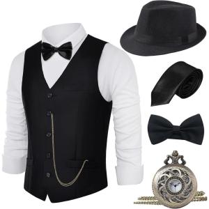 imageBABEYOND 1920s Mens Gatsby Gangster Vest Costume Accessories Set Fedora HatBlack