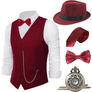 imageBABEYOND 1920s Mens Gatsby Gangster Vest Costume Accessories Set Fedora HatWine Red