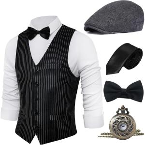 imageBABEYOND 1920s Mens Gatsby Gangster Vest Costume Accessories Set Fedora HatXblack Stripe