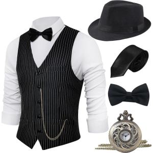 imageBABEYOND 1920s Mens Gatsby Gangster Vest Costume Accessories Set Fedora HatYblack Stripe