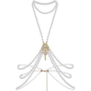 imageBABEYOND 1920s Pearl Body Chain for Evening Party Gatsby Imitation Pearl Chain for Flapper CostumeBody Chain2gold